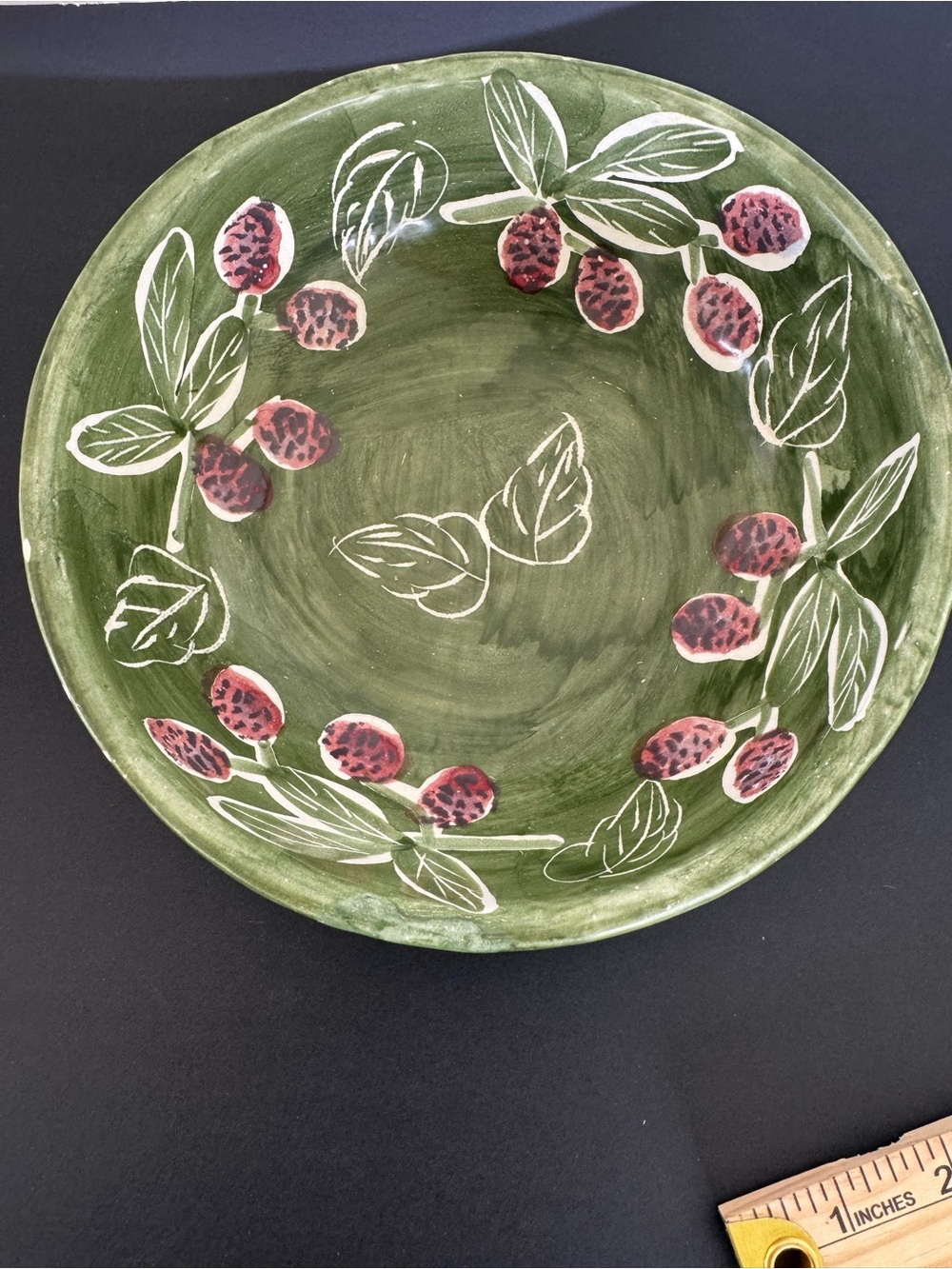 Pottery Barn Green Ceramic Bowl with Red Berry Accent